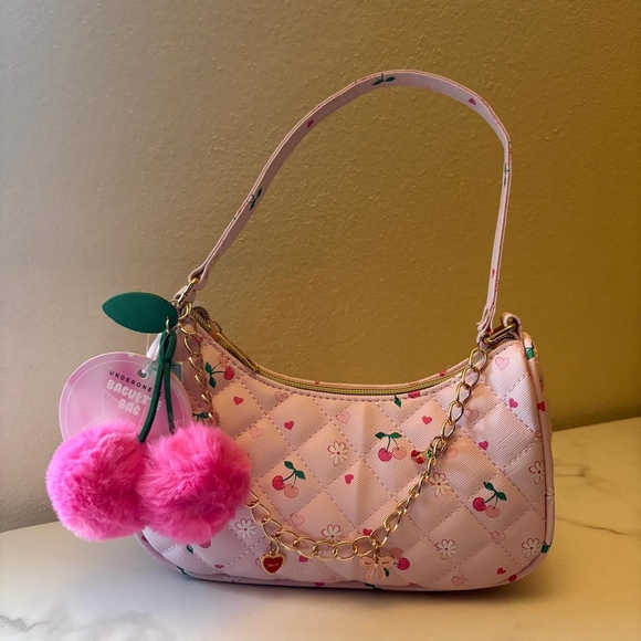 Under One Sky Handbags - Y2K Pink Quilted Baguette Bag Cherry Print with Pom Pom Charm- NWT Under One Sky